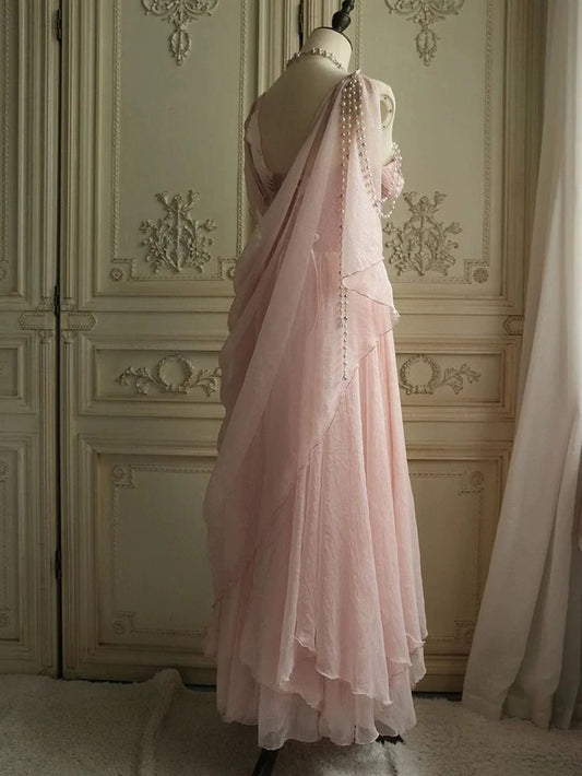 Vintage Pink Chiffon Evening Dress Pearl Beaded Draped Prom Gown DP8278