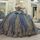 Robe de bal élégante bleu clair à épaules dénudées, ornée de perles et de broderies, décolleté en cœur, modèle DP7238