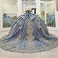 Robe de bal élégante bleu clair à épaules dénudées, ornée de perles et de broderies, décolleté en cœur, modèle DP7238