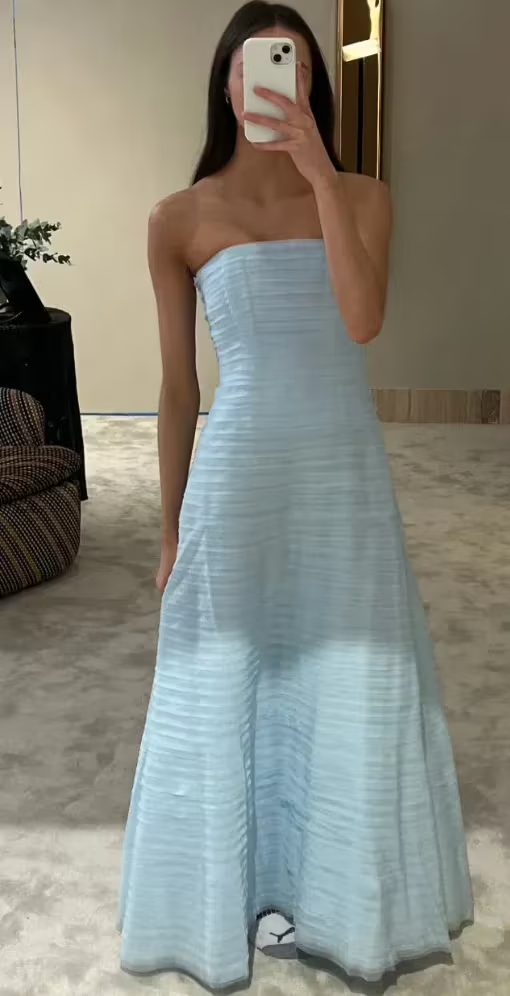 Light Blue Strapless A-Line Long Party Dress Wedding Guest Dress, DP3381