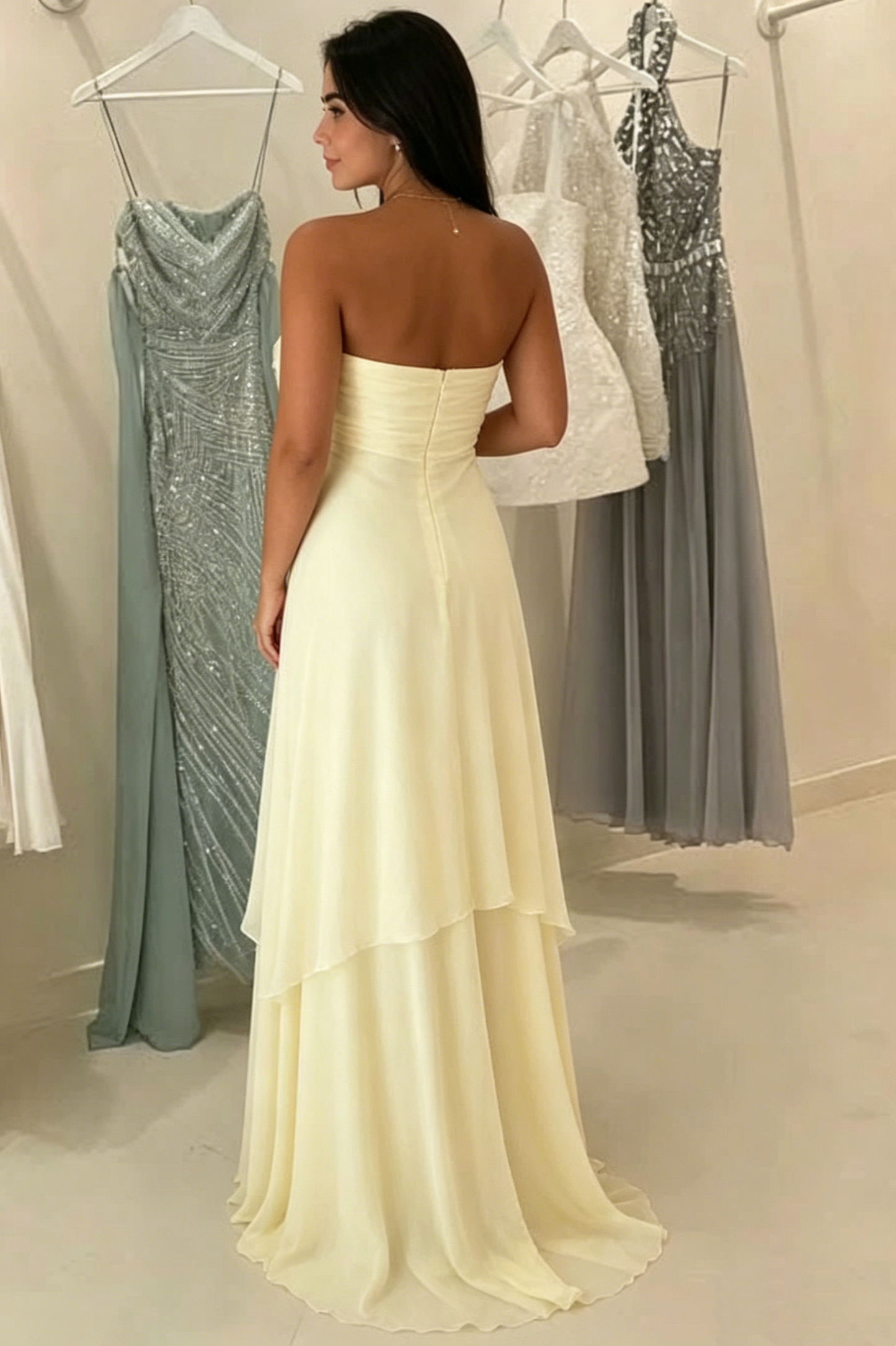 Trägerloses Vintage-Chiffon-Abendkleid mit floralen Details und Lagen-Look DP8439