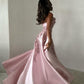 Vintage Blush Strapless Satin Evening Gown Floral Embroidery Train Formal Prom Dress DP7576