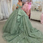 Glamorous Sage Green Appliqued Beaded Off-Shoulder Glitter Tulle Sweetheart Quinceanera Sweet 15 Ball Gown DP7200