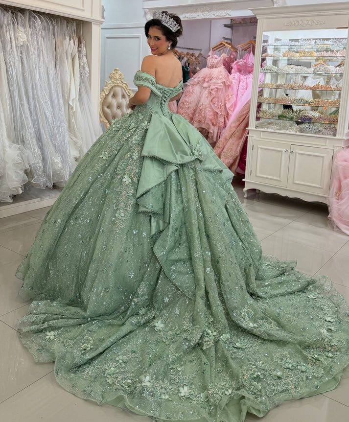Glamorous Sage Green Appliqued Beaded Off-Shoulder Glitter Tulle Sweetheart Quinceanera Sweet 15 Ball Gown DP7200