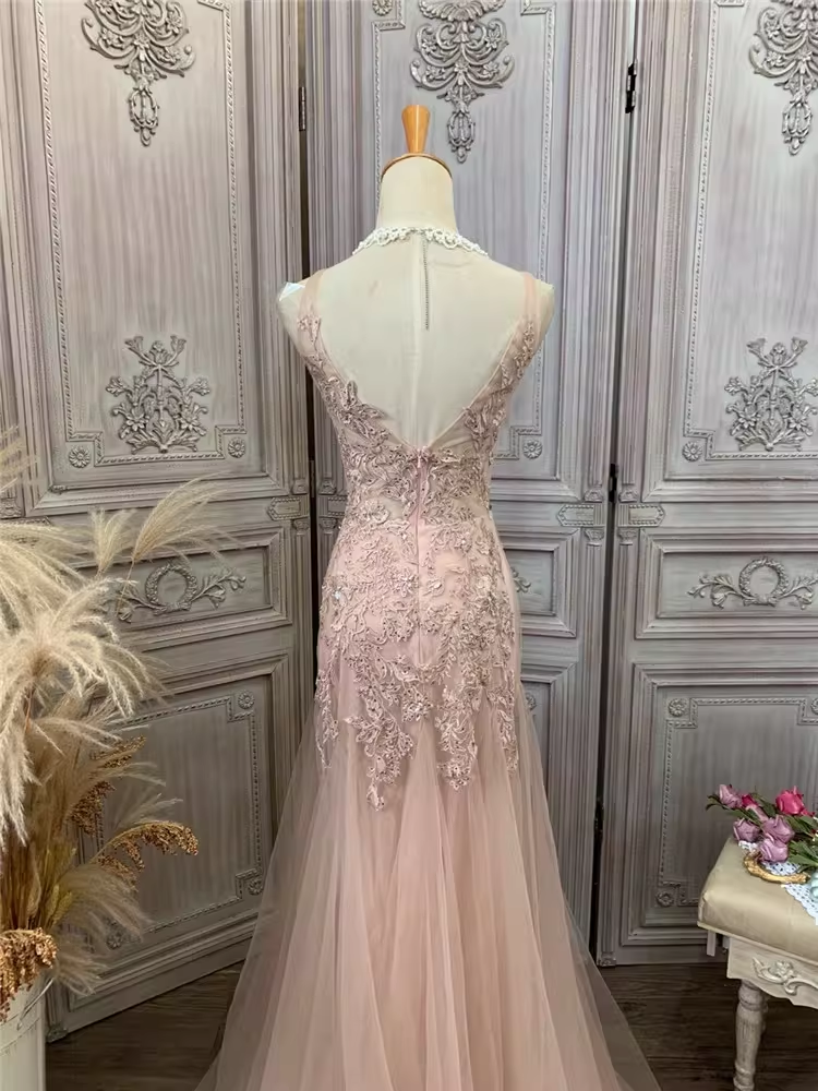 Vintage-Abendkleid im Meerjungfrauenstil in Rosa, mit Spitze verziert, V-Ausschnitt, Tüll, formelles Ballkleid DP7600