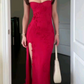 Sexy Red Straps Sheath Appliques Long Evening Party Dress DP3842