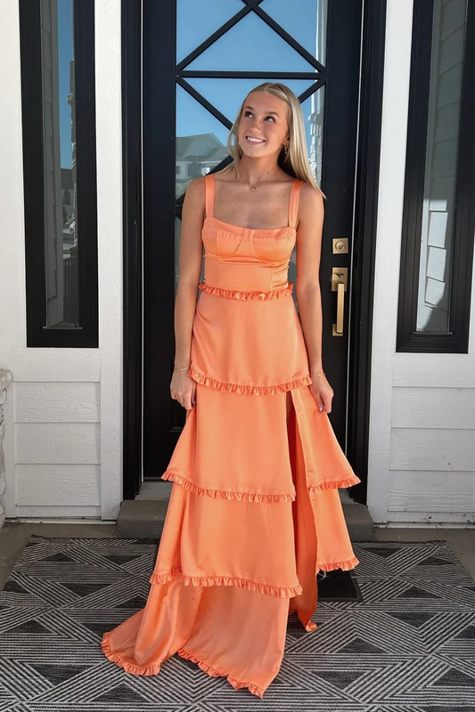 Orange A-Line Satin Layers Long Prom Dress with Slit, DP2571