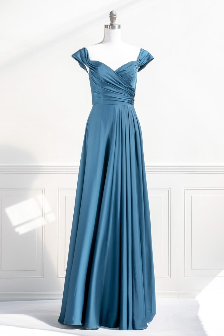 Elegant Teal Off-the-Shoulder Satin A-Line Evening Gown DP8475