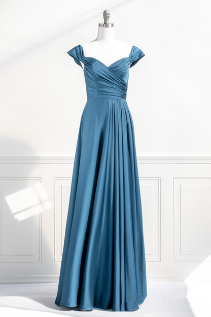 Elegant Teal Off-the-Shoulder Satin A-Line Evening Gown DP8475