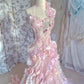 Chic Romantic Pink Floral Mermaid Prom Dress Ruffled Tulle 3D Flower Evening Gown DP7166