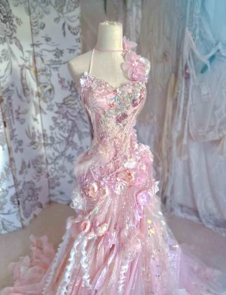 Chic Romantic Pink Floral Mermaid Prom Dress Ruffled Tulle 3D Flower Evening Gown DP7166