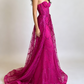 Elegant Fuchsia Strapless Sweetheart Mermaid Sparkly Sequin Lace Tulle Train Evening Gown DP8647