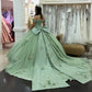 Chic Mint Green Appliqued Off-Shoulder Glitter Tulle Quinceanera Sweet 15 Ball Gown DP7197