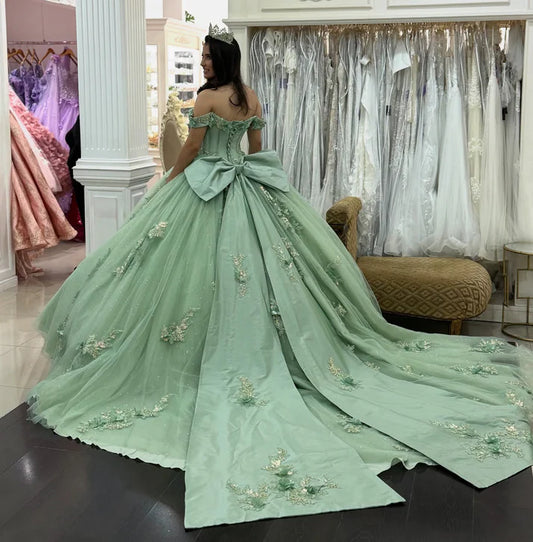 Chic Mint Green Appliqued Off-Shoulder Glitter Tulle Quinceanera Sweet 15 Ball Gown DP7197