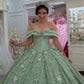 Glamorous Sage Green Appliqued Beaded Off-Shoulder Glitter Tulle Sweetheart Quinceanera Sweet 15 Ball Gown DP7200
