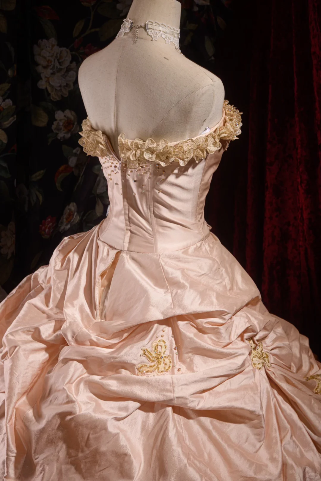 Elegant Pink Strapless Ruffled Tiered Gold Beaded Embroidery Sweet 16 Quinceanera Ball Gown DP7411