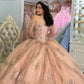Glamorous Champagne Pink Off-Shoulder Beaded Applique Tulle Quinceanera Ball Gown DP7221
