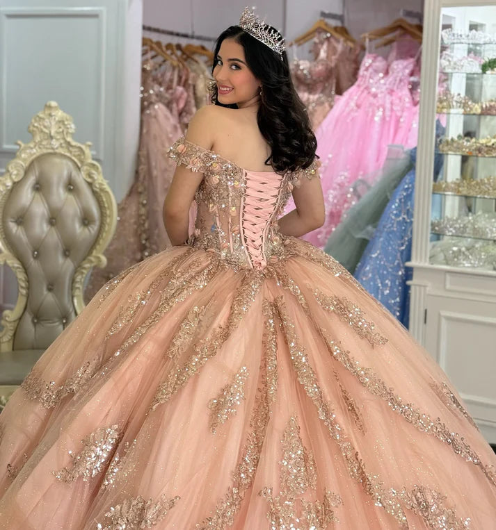 Glamorous Champagne Pink Off-Shoulder Beaded Applique Tulle Quinceanera Ball Gown DP7221