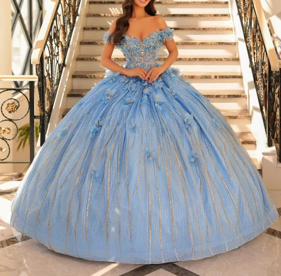 Dreamy 3D Floral Off-the-Shoulder Glitter Sweet 15 Quinceanera Ball Gown DP8175