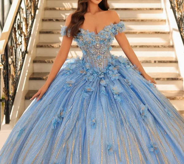 Dreamy 3D Floral Off-the-Shoulder Glitter Sweet 15 Quinceanera Ball Gown DP8175