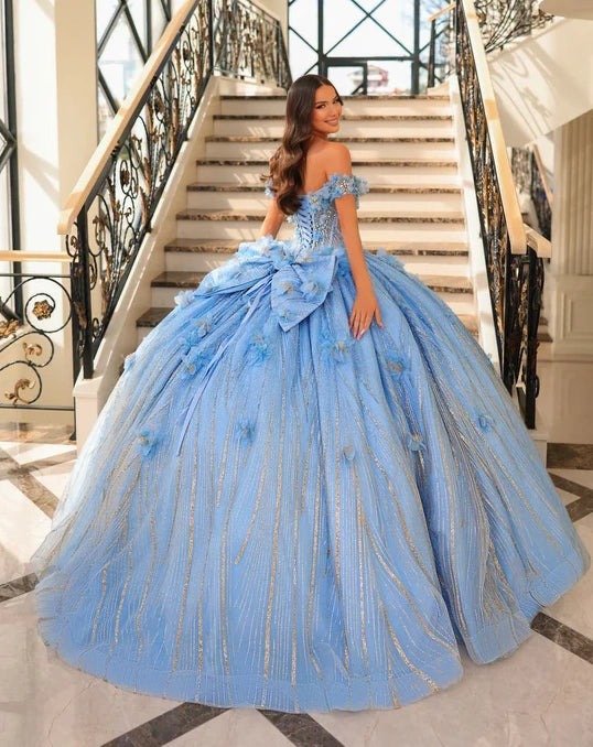 Dreamy 3D Floral Off-the-Shoulder Glitter Sweet 15 Quinceanera Ball Gown DP8175