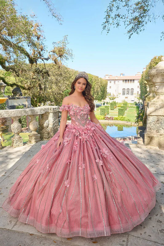 Dreamy 3D Floral Off-the-Shoulder Glitter Sweet 15 Quinceanera Ball Gown DP8175