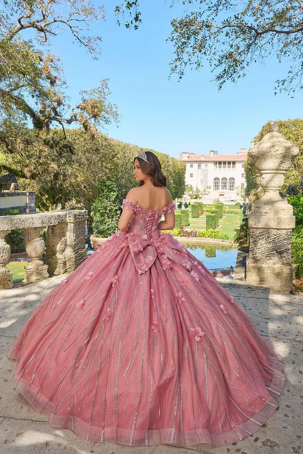 Dreamy 3D Floral Off-the-Shoulder Glitter Sweet 15 Quinceanera Ball Gown DP8175