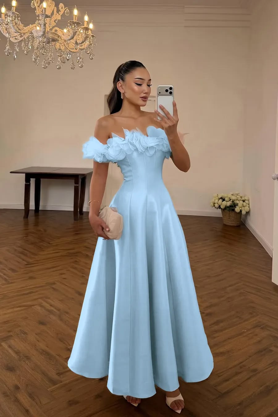 Elegant Light Blue Off-the-Shoulder 3D Floral Ruffle Satin A-Line Evening Gown DP8560