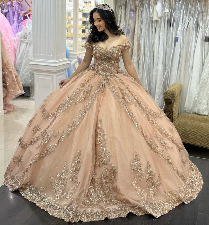 Glamorous Champagne Pink Off-Shoulder Beaded Applique Tulle Quinceanera Ball Gown DP7221