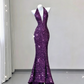 Elegant Sequins V-neck Halter Dress Mermaid Long Prom Dress Evening Dress DP3790