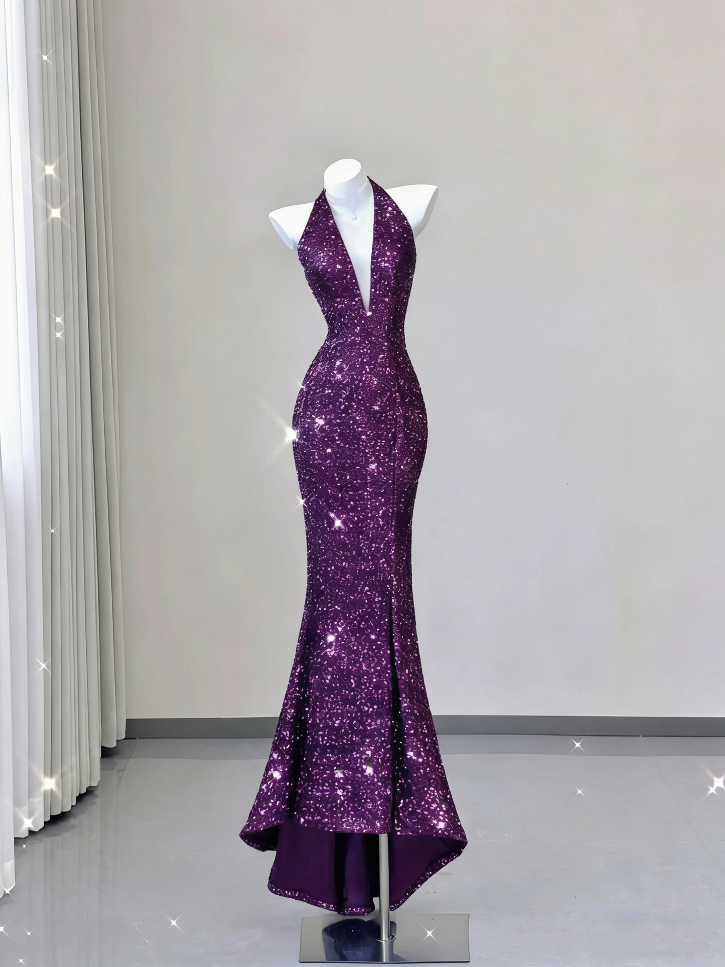 Elegant Sequins V-neck Halter Dress Mermaid Long Prom Dress Evening Dress DP3790
