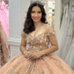 Glamorous Champagne Pink Off-Shoulder Beaded Applique Tulle Quinceanera Ball Gown DP7221