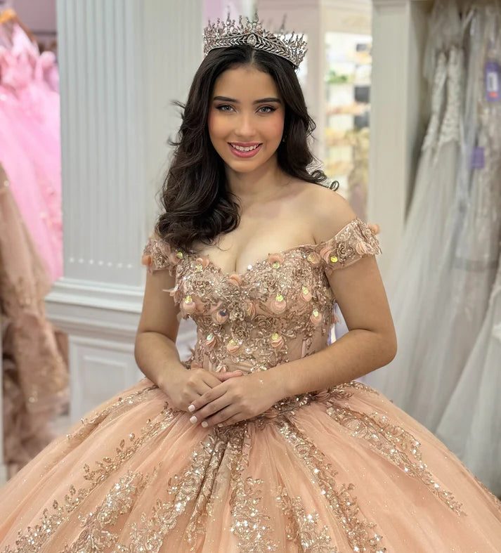 Glamorous Champagne Pink Off-Shoulder Beaded Applique Tulle Quinceanera Ball Gown DP7221