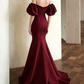 Elegant Burgundy Satin Off-the-Shoulder Sweetheart Mermaid Ruffle Sleeves Evening Gown DP8575