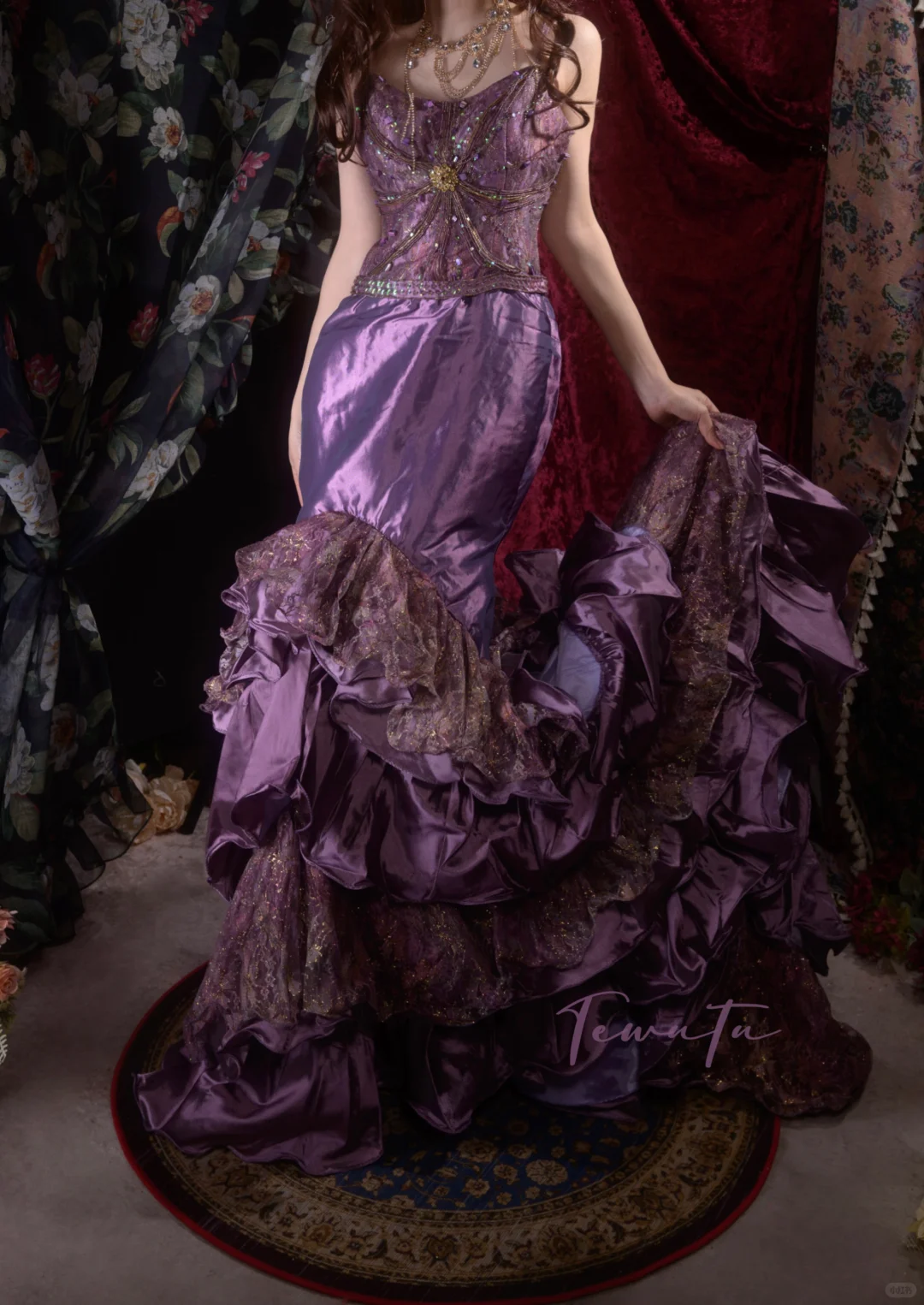 Vintage Purple Beaded Mermaid Evening Gown Tiered Ruffle Lace Prom Dress DP8342