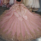Robe de bal de quinceañera vintage rose à épaules dénudées, en tulle brodé de sequins dorés DP7228