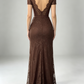 Elegant Brown Lace Mermaid Short-Sleeve Slit Prom Dress DP8652