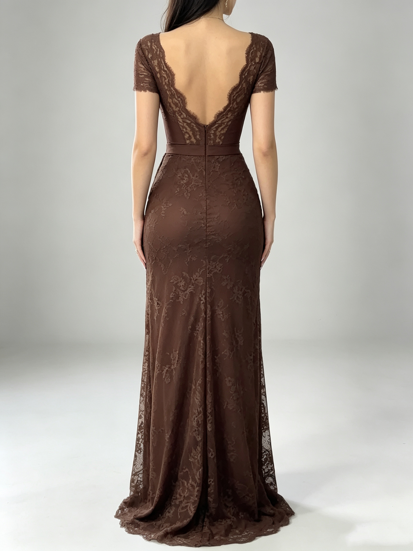 Elegant Brown Lace Mermaid Short-Sleeve Slit Prom Dress DP8652
