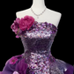 Glamorous Purple Sequined Strapless 3D Floral Applique Layered Ruffles Sweet 16 Quinceanera Ball Gown DP7277