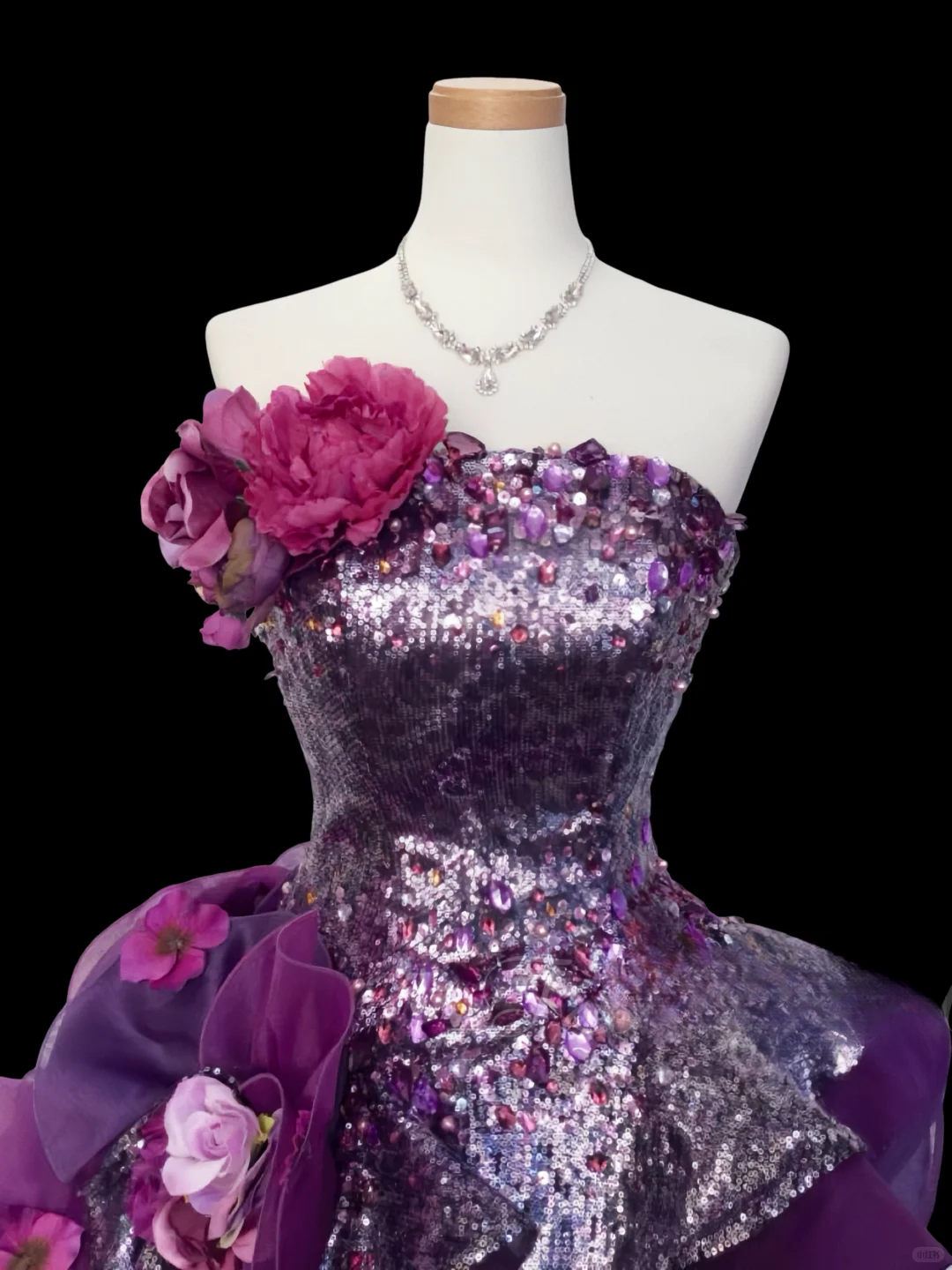 Glamorous Purple Sequined Strapless 3D Floral Applique Layered Ruffles Sweet 16 Quinceanera Ball Gown DP7277