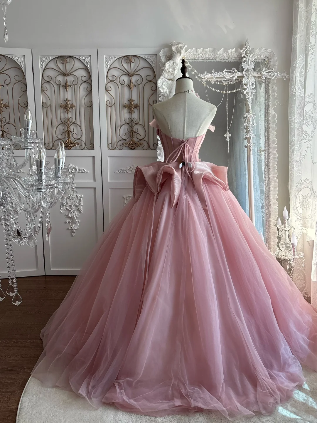 Elegant Pink Strapless Prom Dress 3D Floral Rose Tulle Evening Gown Sweet 15 Quinceanera Ball Gown DP8138