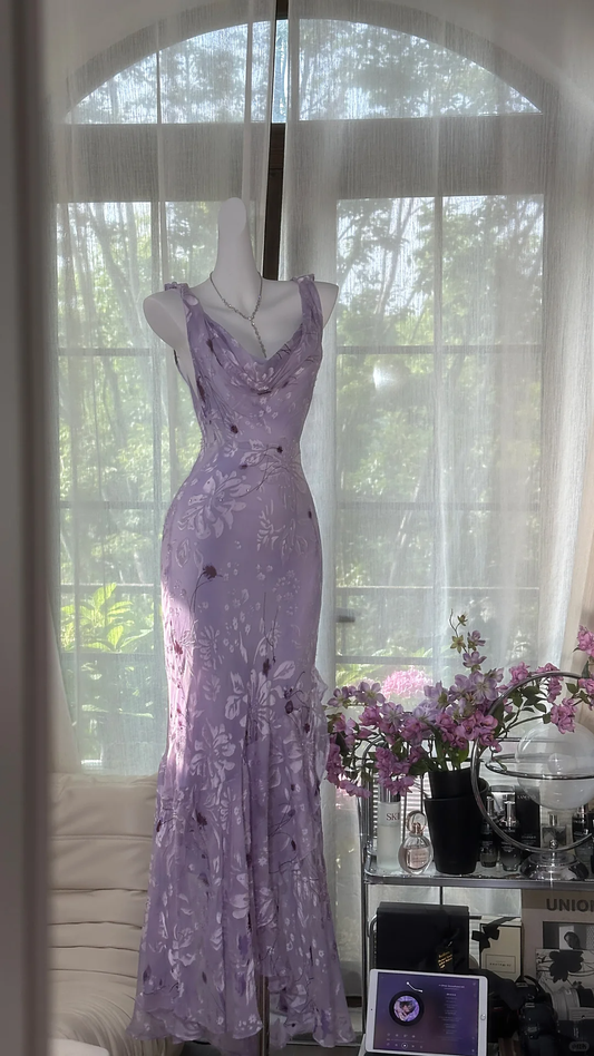 Vintage Light Purple Floral Applique Mermaid Cowl Neck Design Satin Prom Dress Evening Dress DP6236