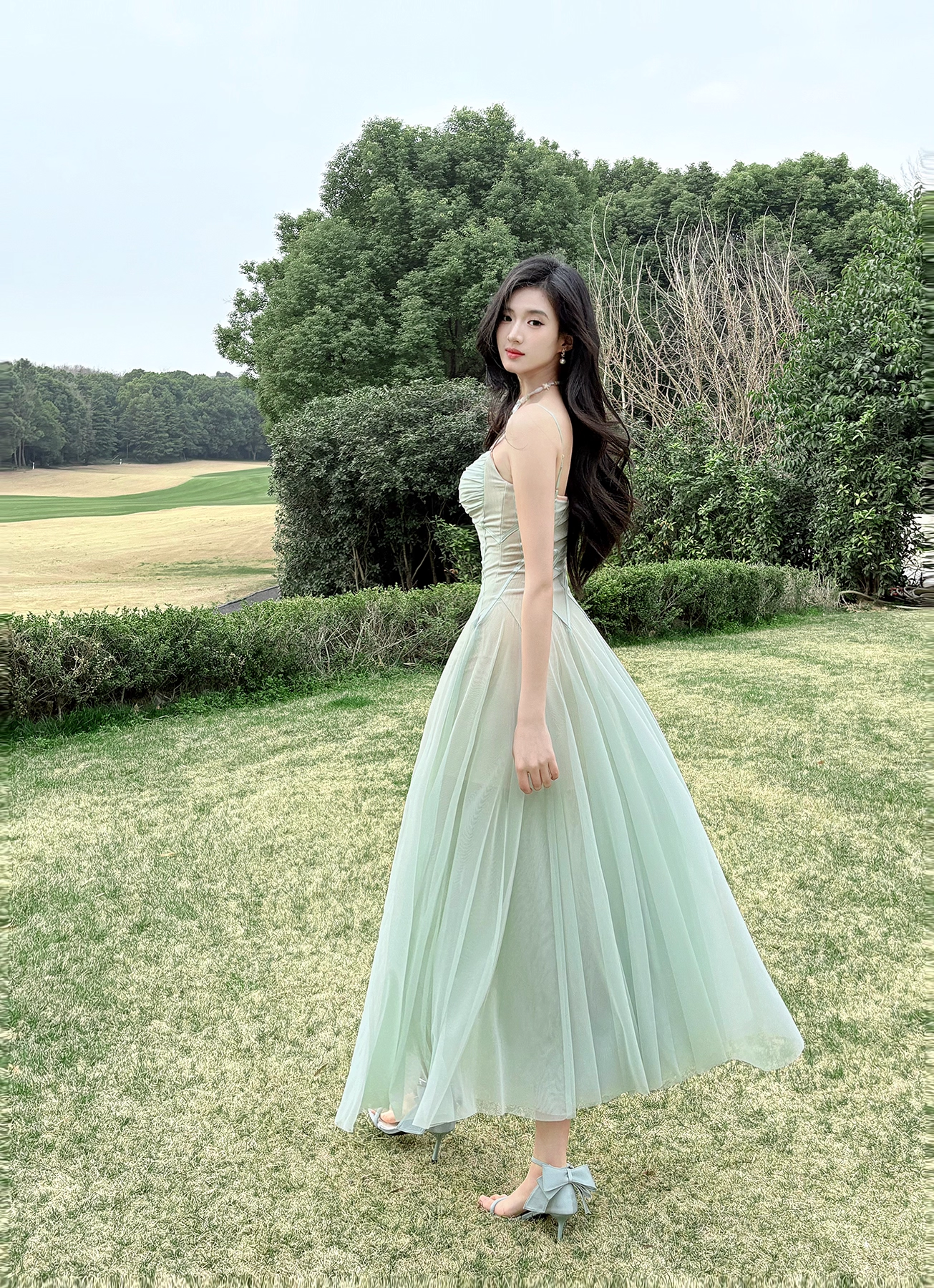 Robe de bal vintage en mousseline de soie vert sauge, coupe trapèze, bretelles spaghetti, robe de soirée longue, robe formelle DP6699