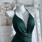 Elegant Emerald Green Halter-Neck Ruched Maxi Prom Dress Satin Evening Gown with High Slit DP8137