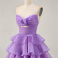 Elegant Lavender Organza Strapless Sweetheart Mini 3D Rose Tiered Ruffle Short A-Line Homecoming Dress DP8729