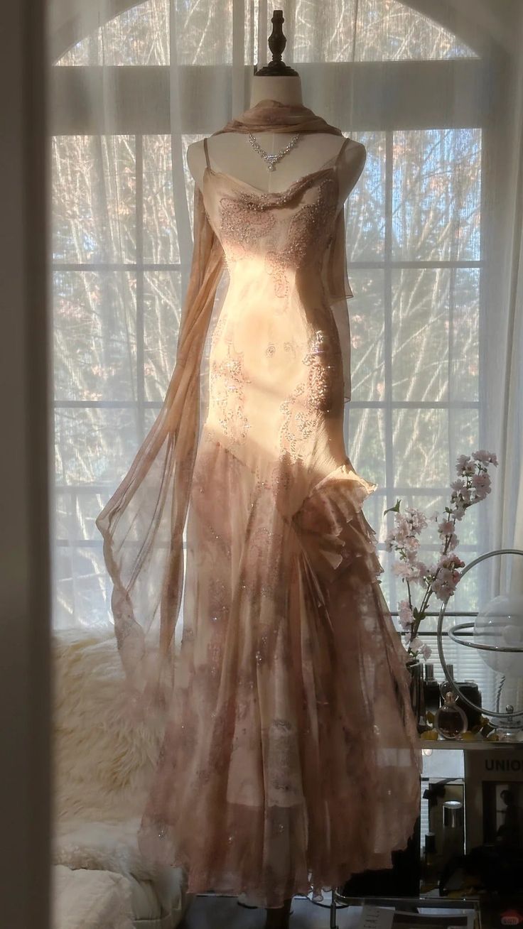 Romantic Blush Floral Beaded Tulle Mermaid Evening Dress with Drape Shawl DP8158