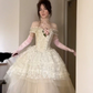 Ivory Off Shoulder A-Line Tulle Lace Birthday Dress Ball Gown, DP3786