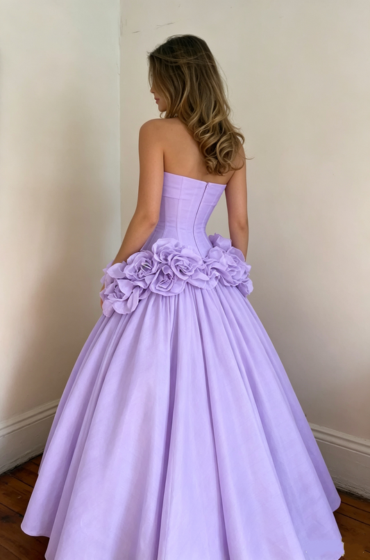 Elegant Lavender Strapless 3D Rose Floral Appliques Sweet 15 Quinceanera Ball Gown DP8703
