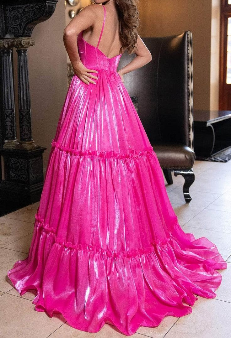 Elegant Shiny Tiered V-Neck Spaghetti Straps Evening Gown Prom Dress DP8163