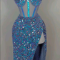 Sexy Blue Spaghetti Straps Sequins Long Party Dress with Split DP3840